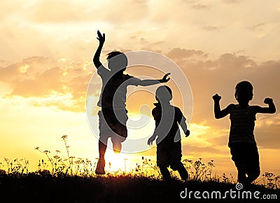 Silhouette, group of happy children