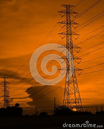 Silhouette of high voltage electrical power tower