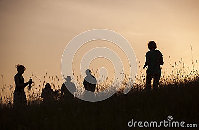 Silhouettes of People picking flowers during midsummer soltice