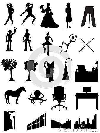 Silhouettes people, robots, offices, scenes