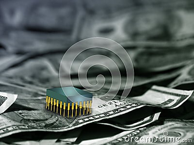 Silicon chip on pile of money