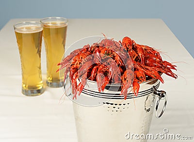 Silver bucket of boiled crawfish