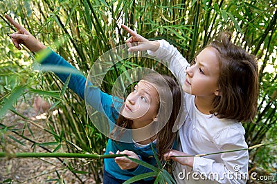 Sister twin girls playing in nature pointing finger