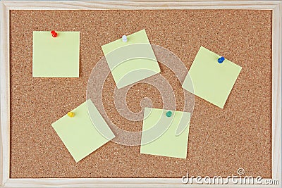 Six post-it notes with pins sticked on corkboard