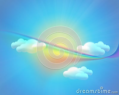 Sky background with sun clouds and rainbow