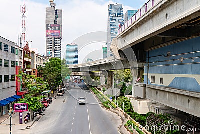 Skytrain BTS station and track under street in Bangkok, Thailand