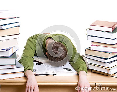 The sleeping student with books isolated