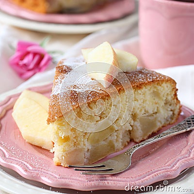 Slice of homemade apple sponge cake on pink plate