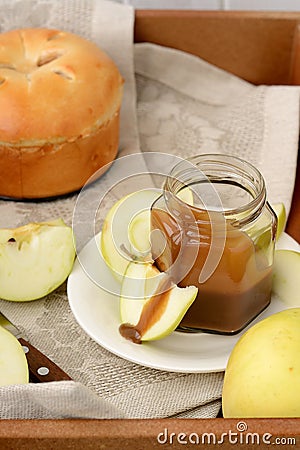 Sliced apples and dipping sauce.