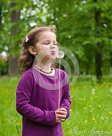 Small girl blowing to dandelion