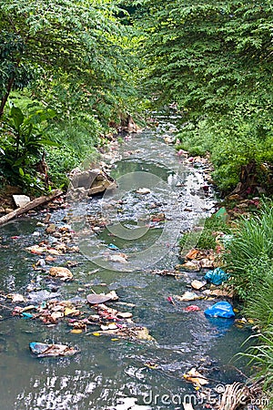 Small River Polluted With Garbage Stock Photo