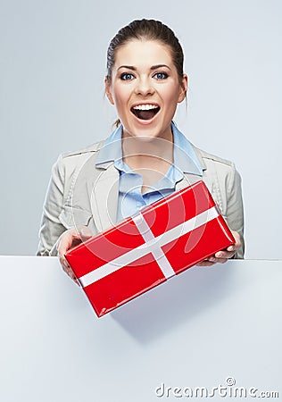 Smile Business woman hold red gift box