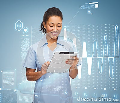 Smiling black doctor or nurse with tablet pc