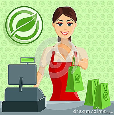 Smiling Cashier Girl At Eco Green Store Royal