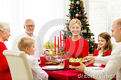 Smiling family having holiday dinner at home