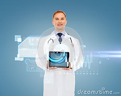 Smiling male doctor with stethoscope and tablet pc