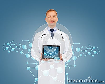 Smiling male doctor with tablet pc and stethoscope