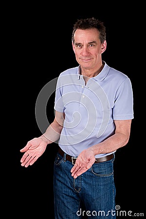 Smiling Man Hands Forward Demonstrating Something