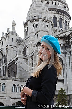 Smiling Woman in Beret Next to Sacre Coeur