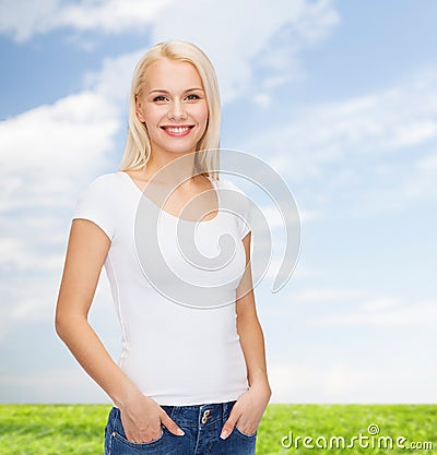 Smiling woman in blank white t-shirt