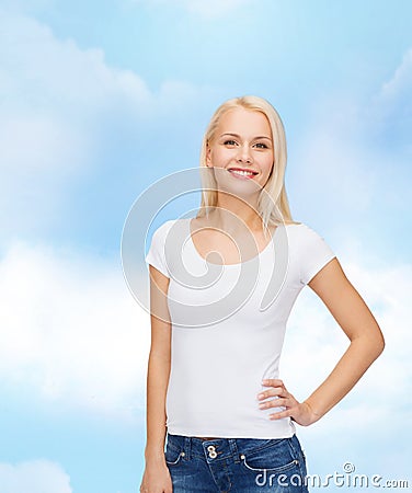 Smiling woman in blank white t-shirt