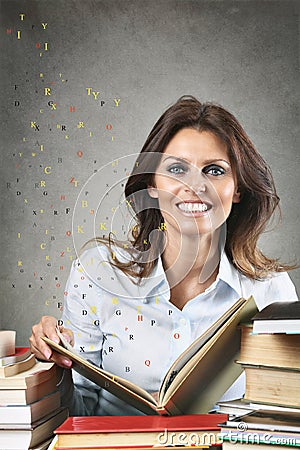 Smiling woman among flying words