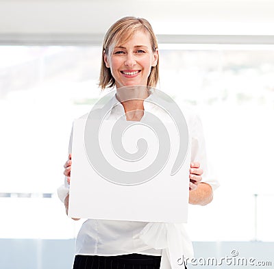 Smiling woman showing a big business card