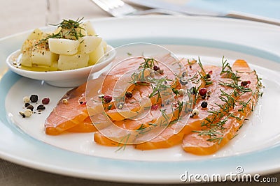 Smoked salmon and ingredients in plate on table