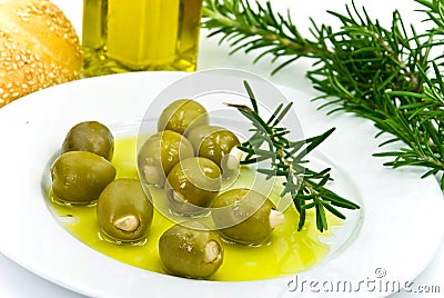 Snack with fresh olives,oil and sesame bun