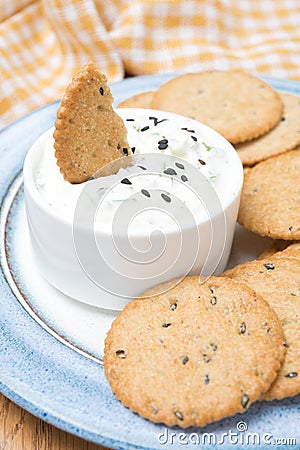 Snack - sauce with feta cheese and whole grain crackers, closeup