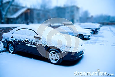 Snow-covered cars in the parking lot