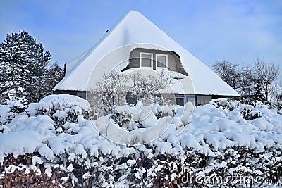 Snow covered thatched roof