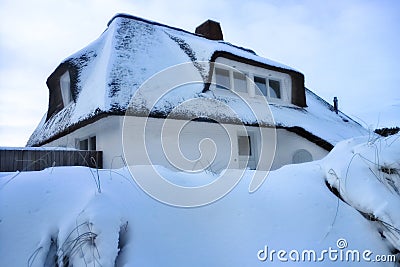 Snow covered thatched roof