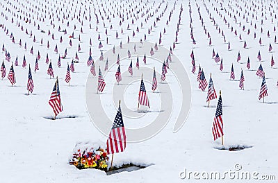 Snow-Covered Veteran Cemetery with American Flags