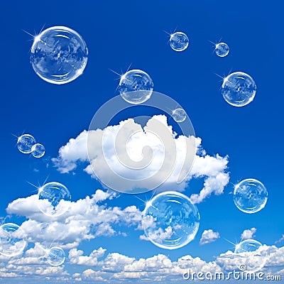 Soap bubbles on blue sky