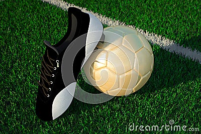 Soccer ball on field and soccer shoe