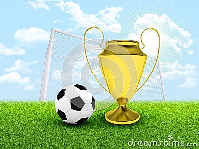 Soccer ball, gate and gold cup in the field