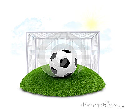 Soccer ball and gate on plot of green grass