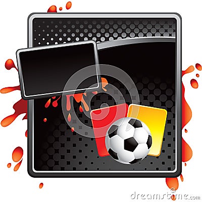 Soccer ball and penalty cards on black halftone ad