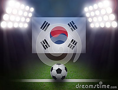 Soccer Ball with South Korea Flag in stadium.