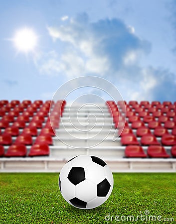 Soccer ball in sport arena with nice sky