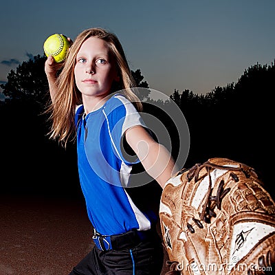 Softball Player with Ball and Mitt