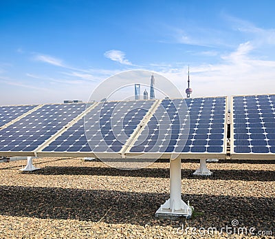 Solar power with modern city background