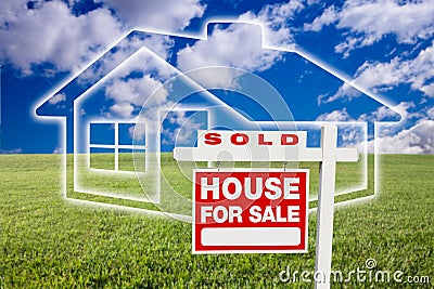 Sold For Sale Sign Over Clouds, Grass and House