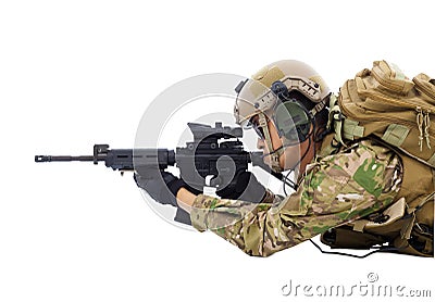 Soldier holding rifle or sniper lying on the floor