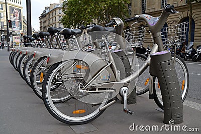 Some bicycles of the Velib bike rental service in Paris