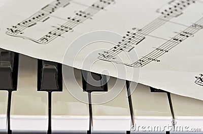 Some keys of piano with sheet music overlay