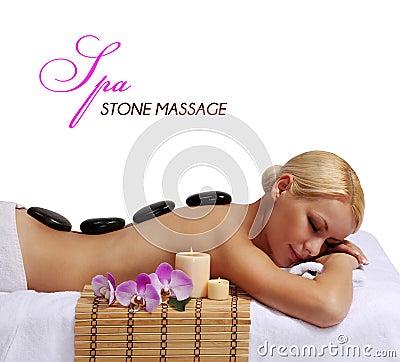 Spa Stone Massage. Beautiful Blonde Getting Hot Stones Massage