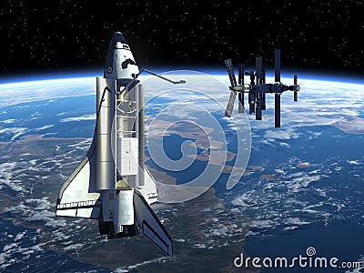 Space Shuttle And Space Station Orbiting Earth.