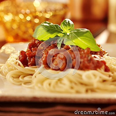 Spaghetti with basil garnish and tomato sauce